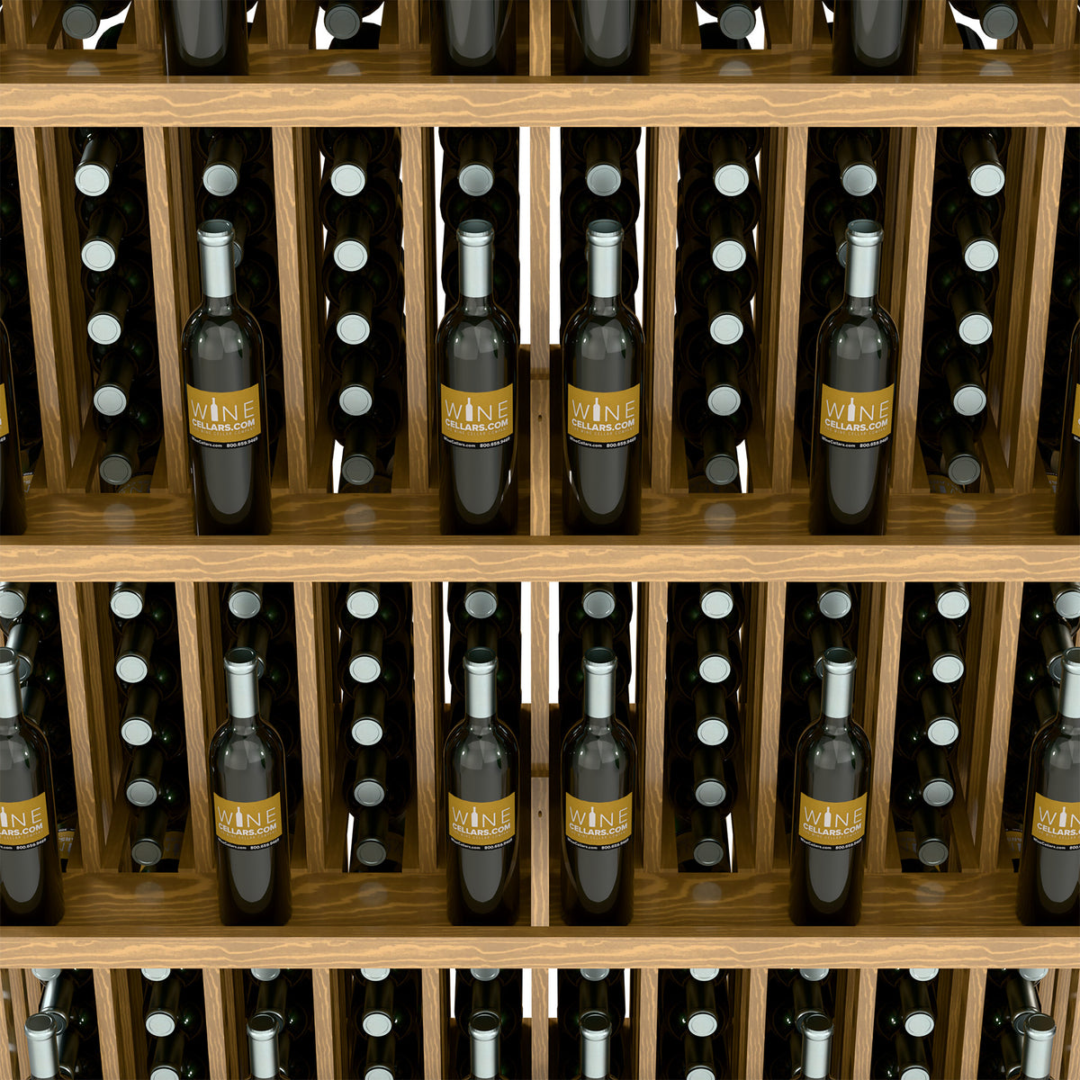 Close-up of wine bottle display shelves with rows of bottles and circular dividers