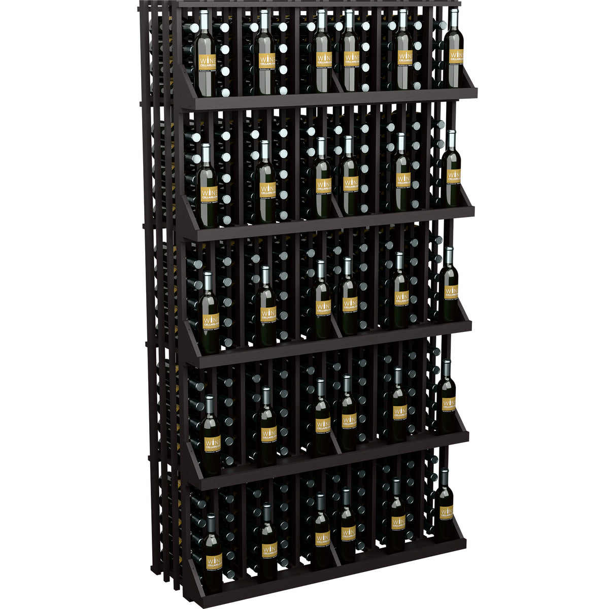 Wall-mounted wine bottle display with five black shelves, holding bottles in rows.