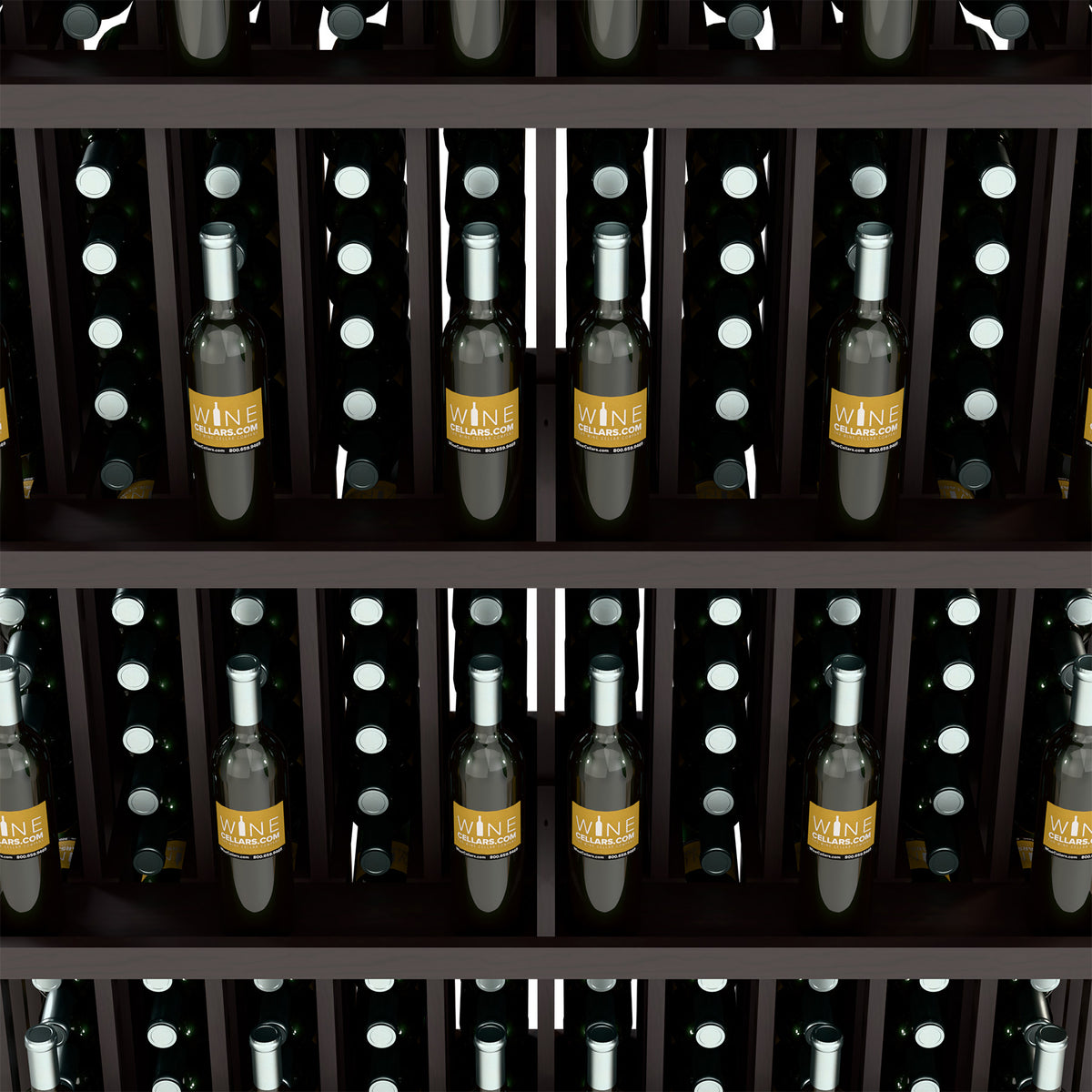 Brown 5-shelf wall wine bottle display with spotlighted bottle rows