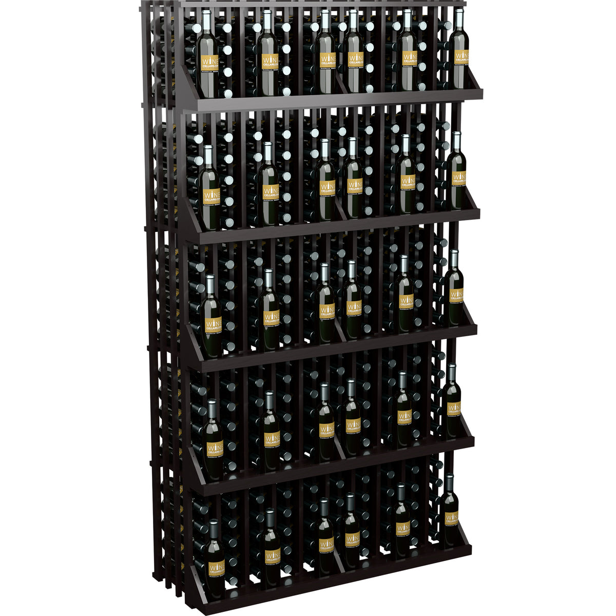 Black wine bottle display rack with 5 shelves and bottle storage rows