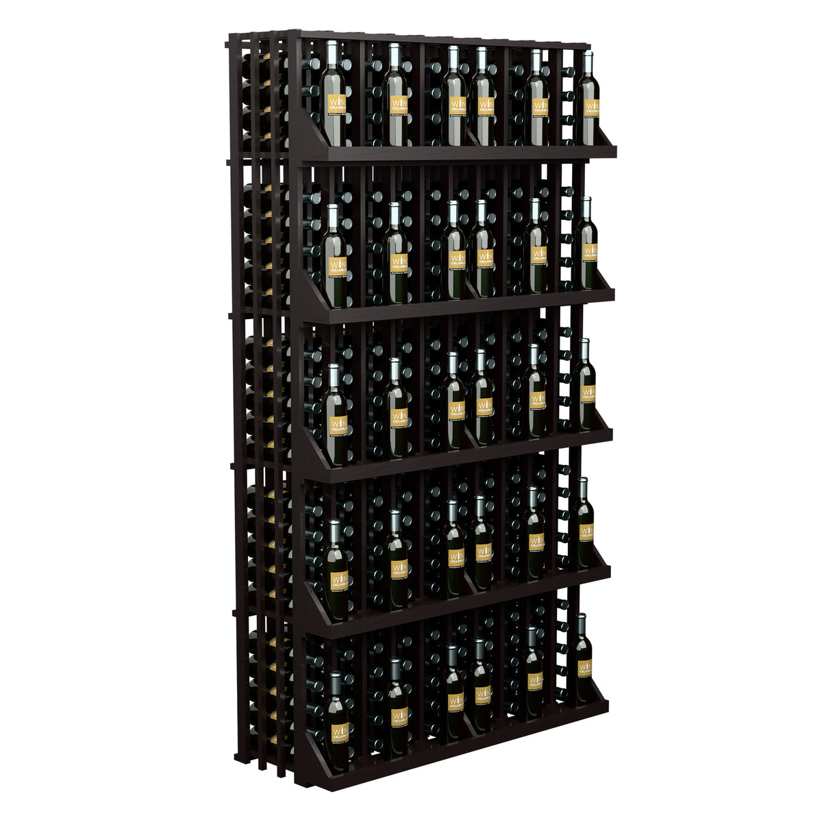 Black wall wine bottle display rack with 5 shelves and multiple bottle rows