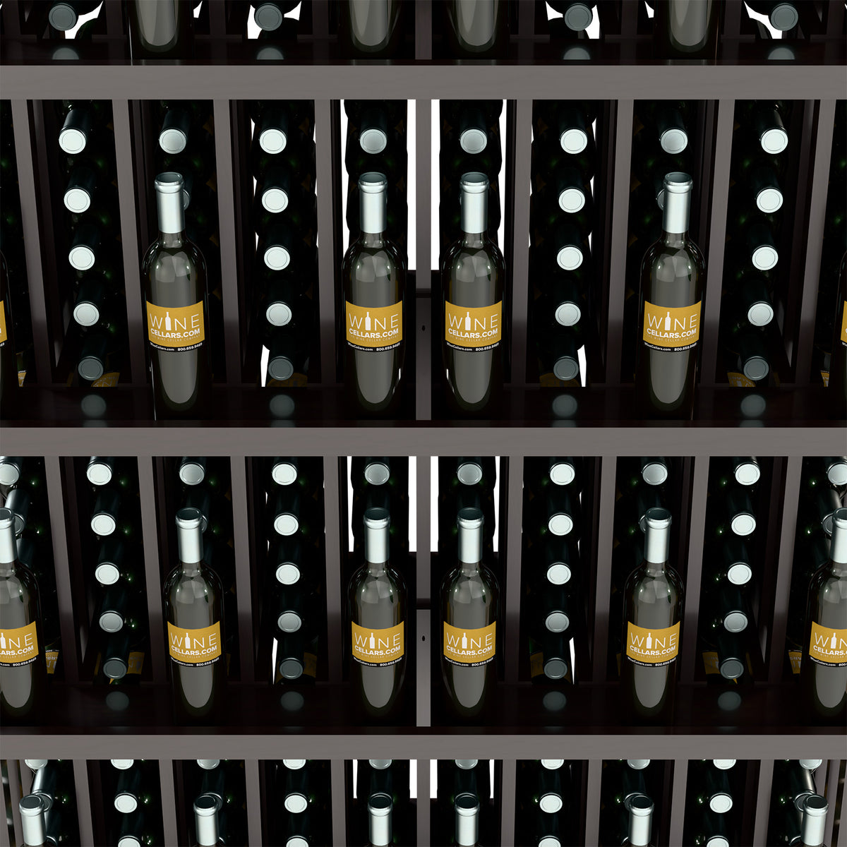 Close-up of wine bottle storage with white-capped bottles in a grid