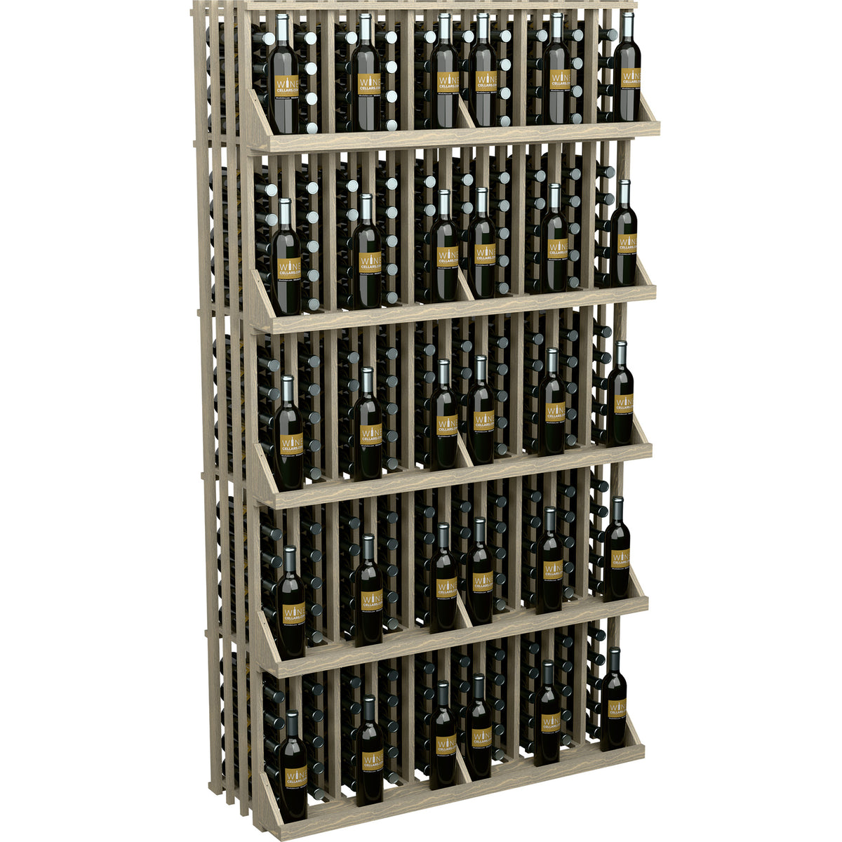 Light gray wood wine bottle display rack with 5 shelves and bottle slots