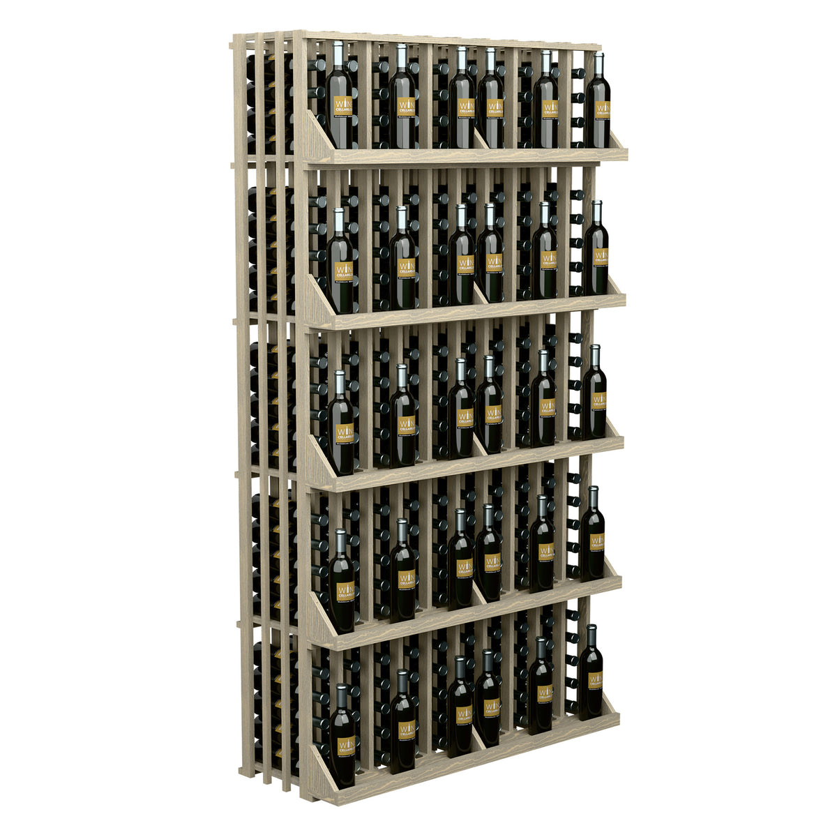 Grey wood wine bottle wall display with 5 shelves and slatted back, holds bottles