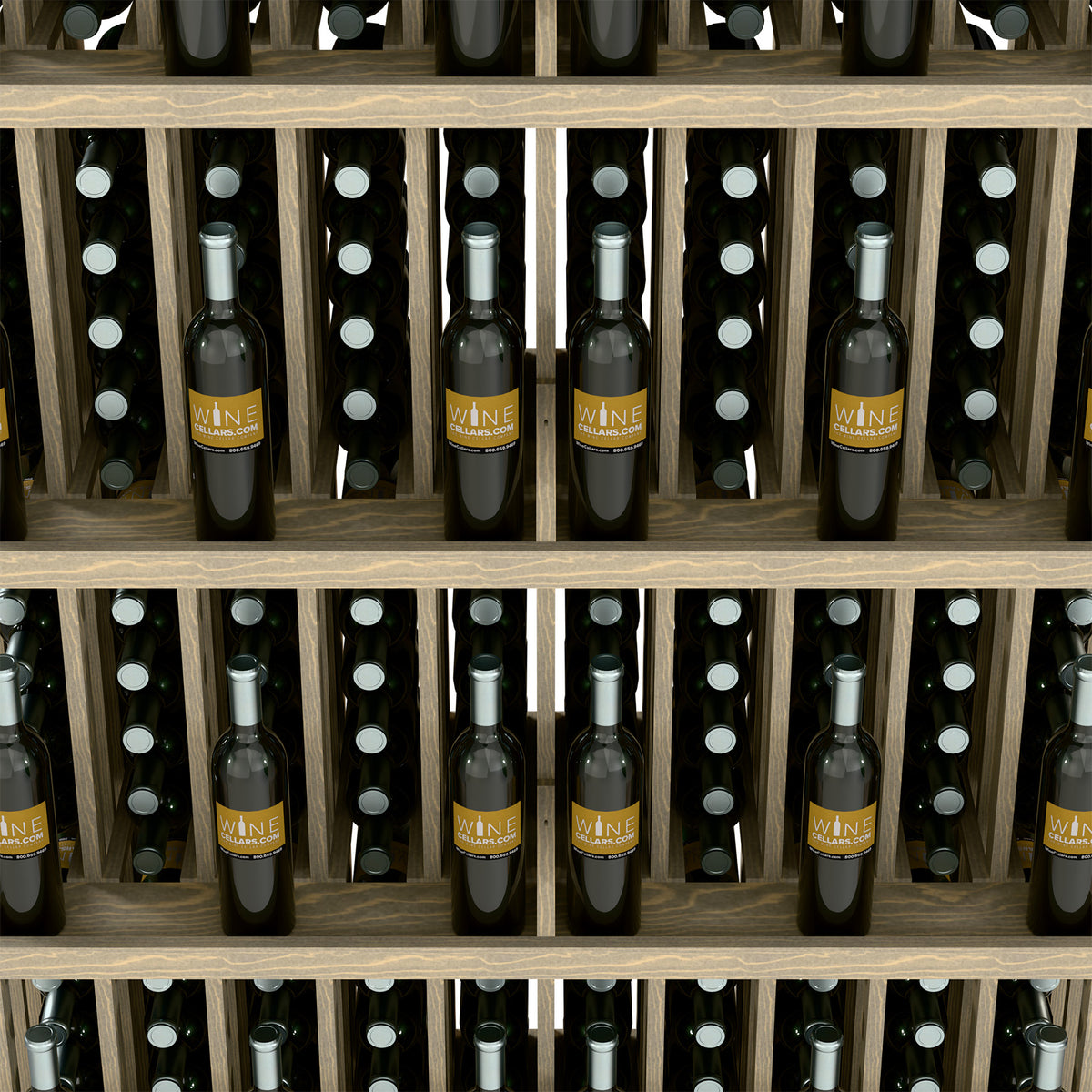 Light wood wall wine bottle display with multiple open shelves and bottle rows