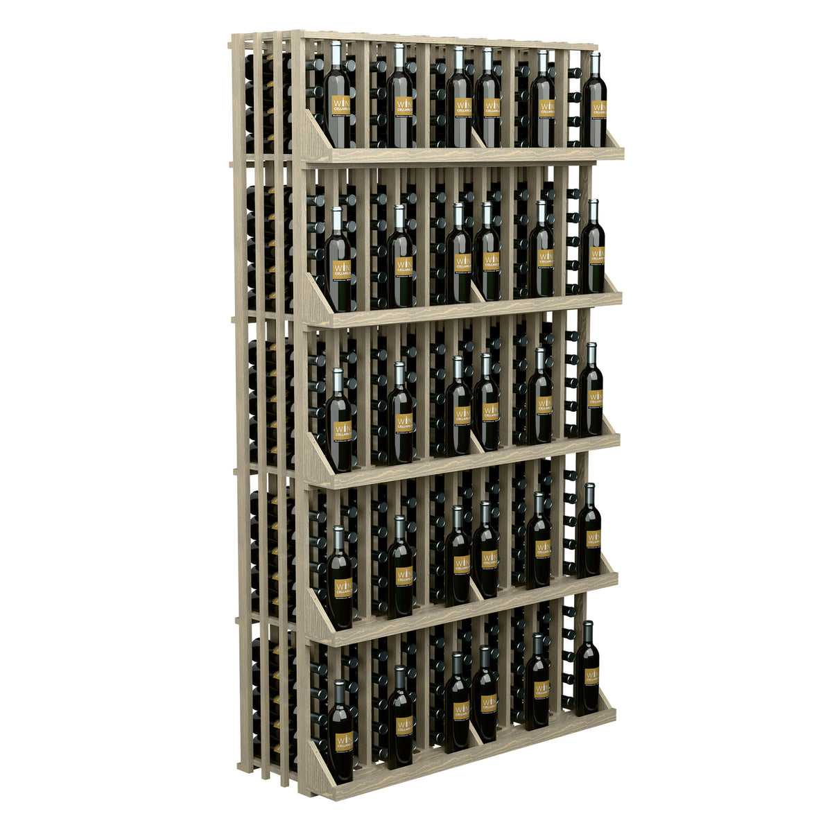 Light wood wine bottle display rack with 5 shelves and vertical bottle supports