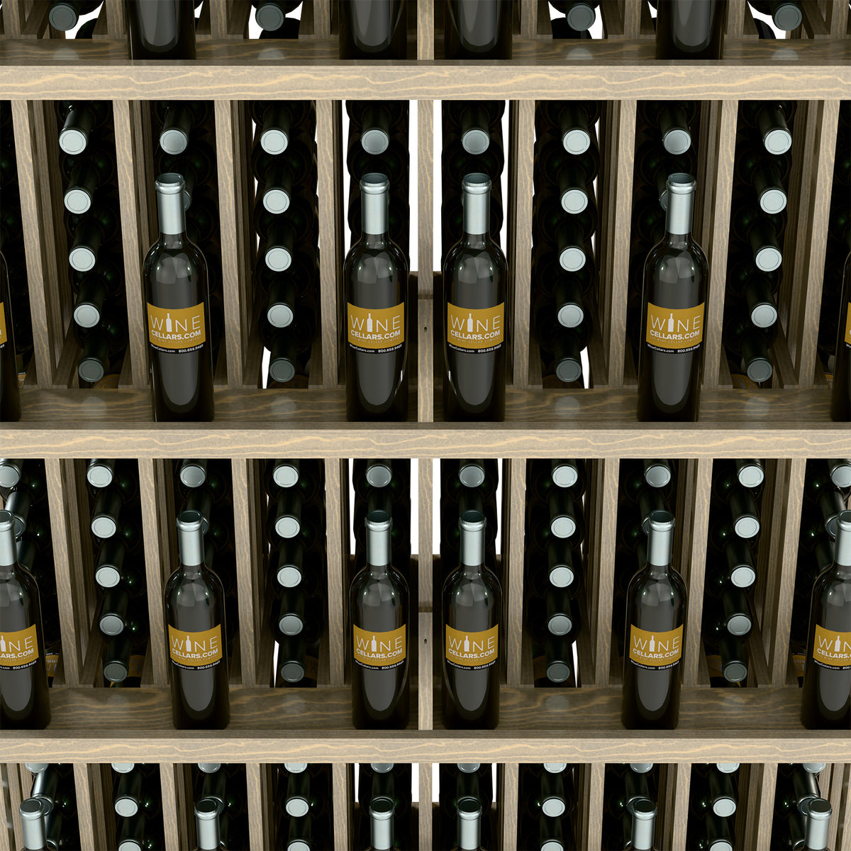 Close-up of wine bottle display shelves with circular holders and bottle rows