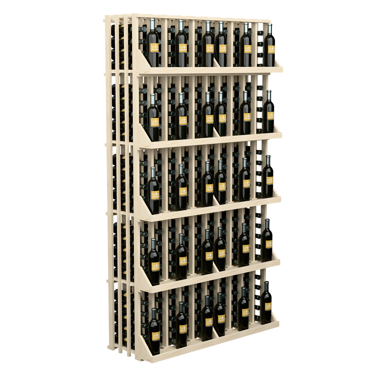 Natural light 5-shelf wine bottle display rack with slatted frame for wine bottles.