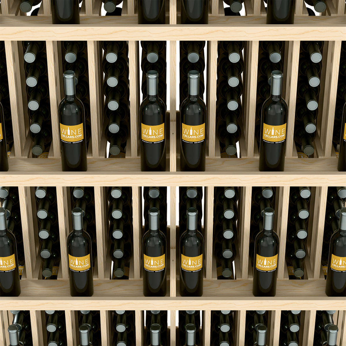 Light wood wall wine bottle display with open shelves and organized bottle storage