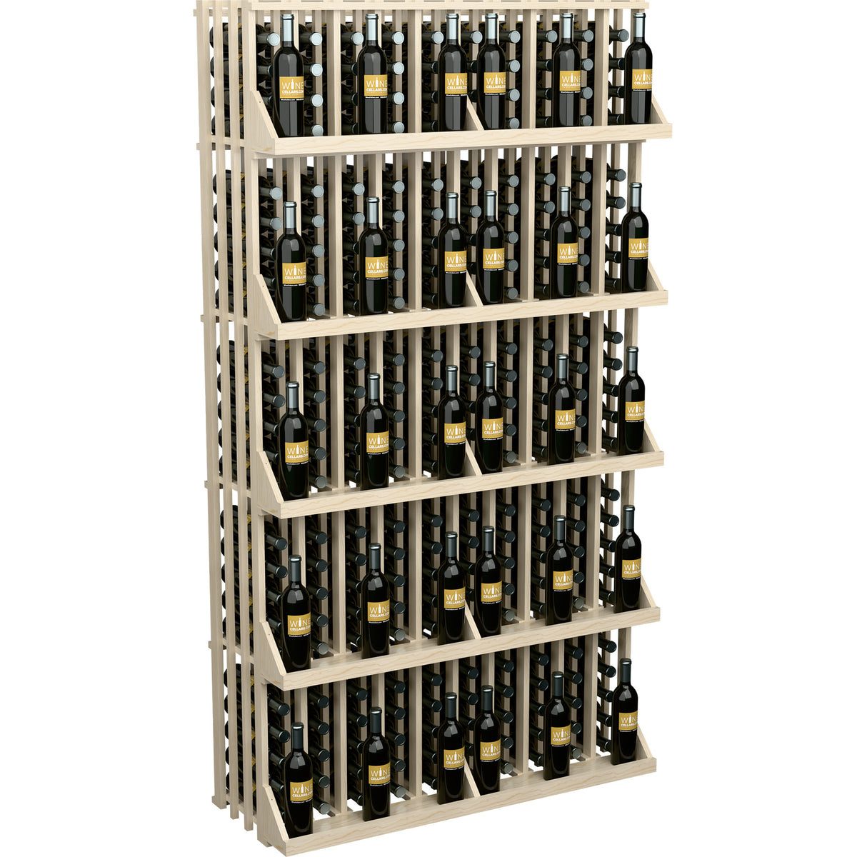Light wood wine bottle display rack with 5 shelves, multiple bottle compartments