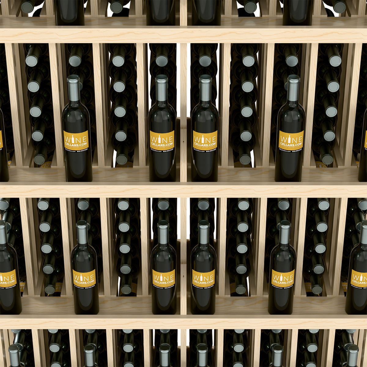 Wood wine bottle wall display with five shelves, holding rows of bottles