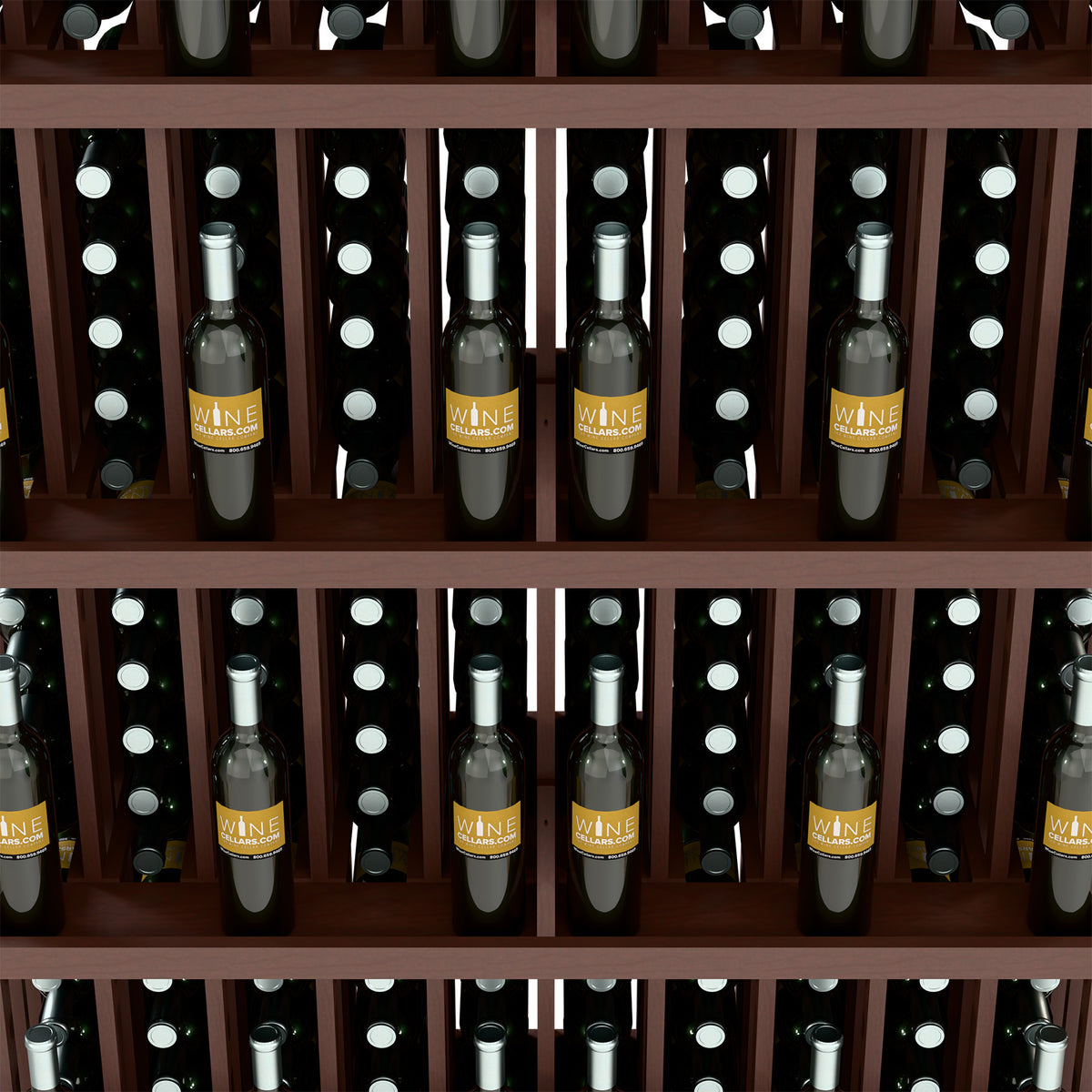 Wood wine bottle display rack with 5 shelves, bottles in slots with white dot lights