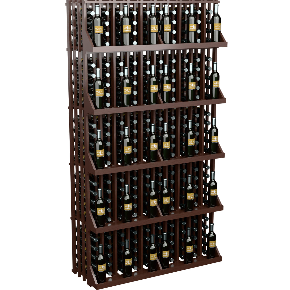 Dark wood wine bottle wall display with five shelves and neatly spaced bottles