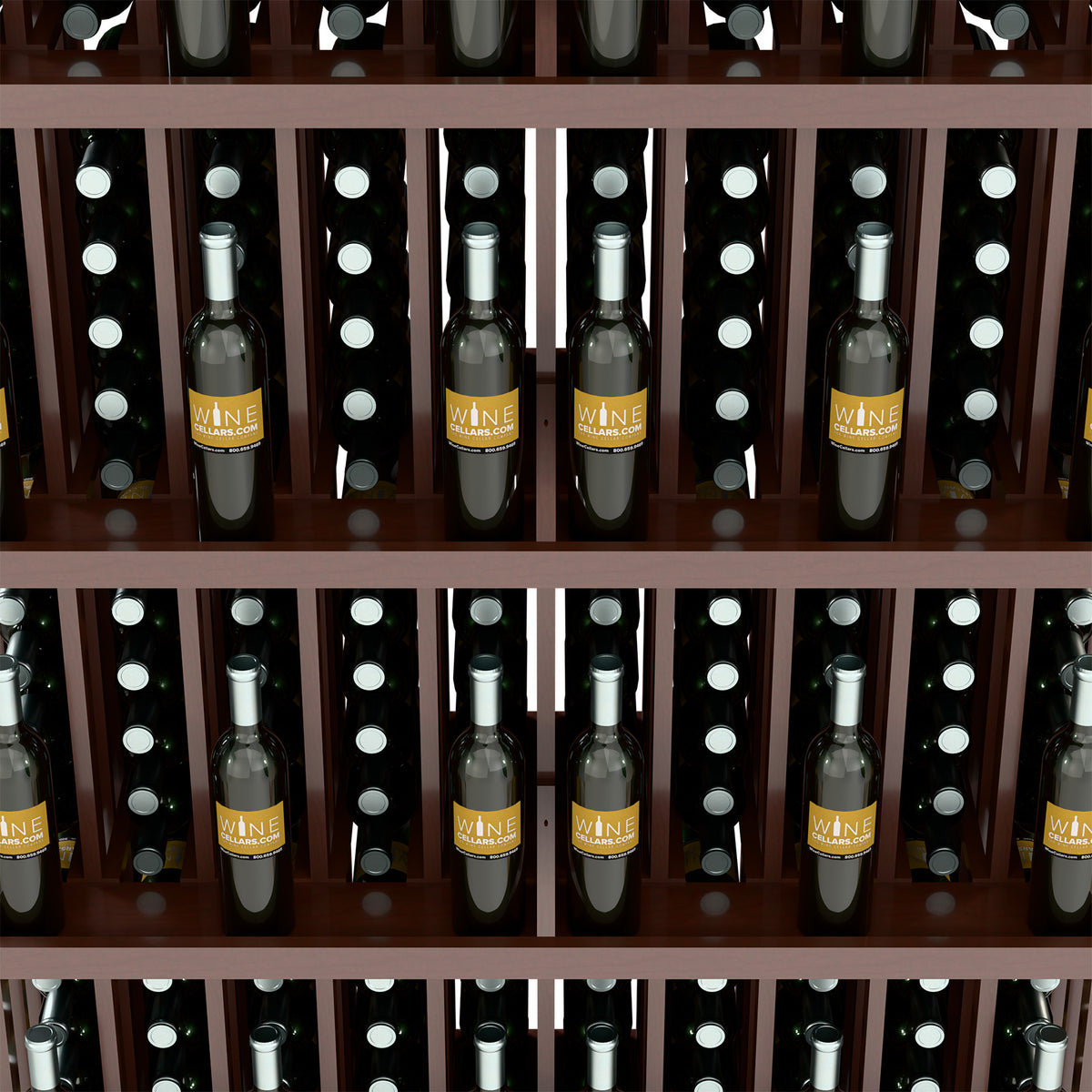 Wood wine bottle display with five shelves, featuring bottle openings in rows