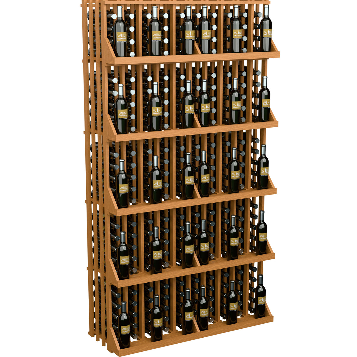 Natural wood wine bottle display rack with 5 shelves and bottle slots