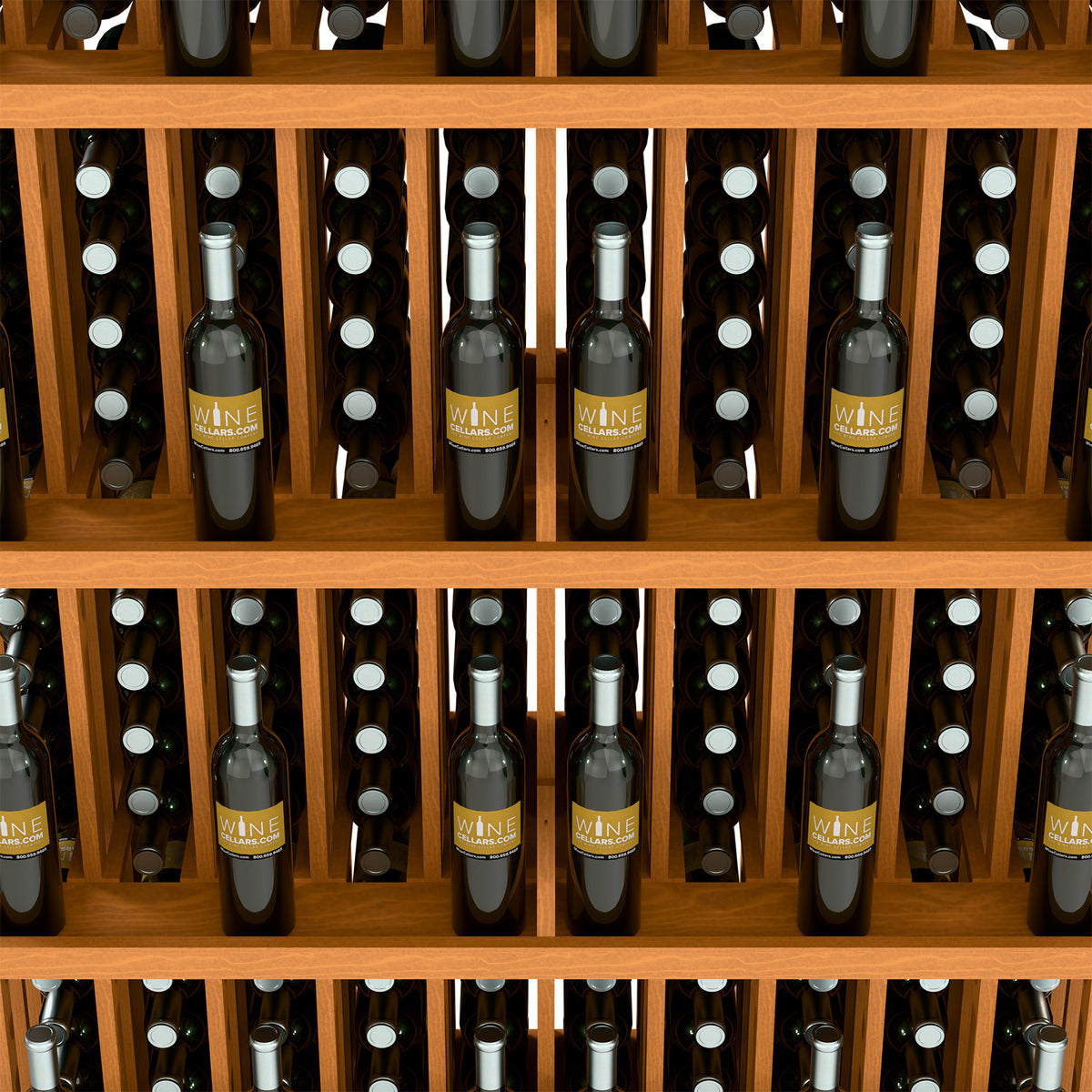 Five-shelf wood wine bottle display showing front bottles and slotted storage rows