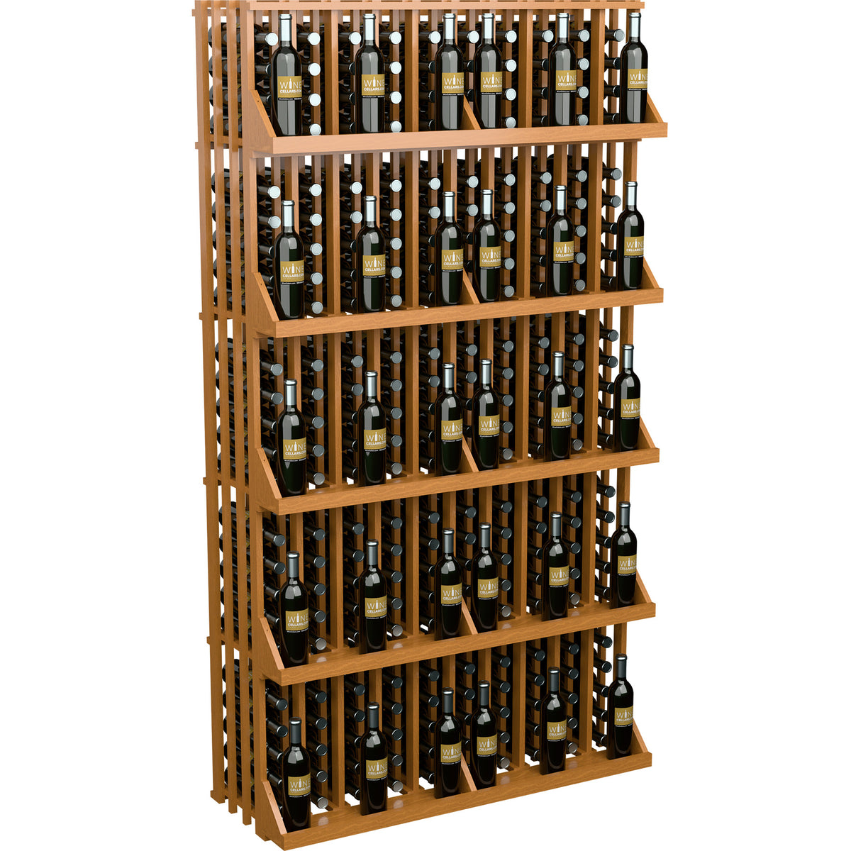 Light wood wine bottle wall display with five shelves and multiple bottle rows