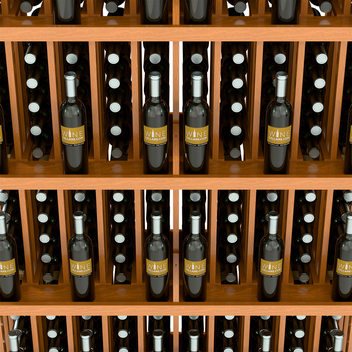 Wood wine bottle wall display with five shelves and organized bottle compartments
