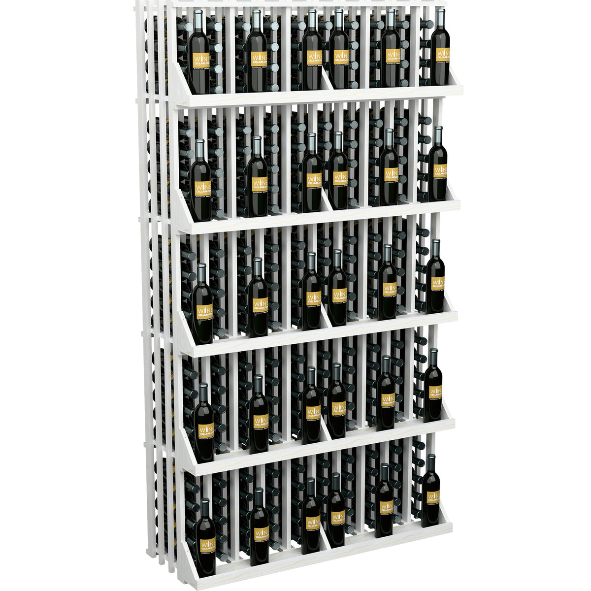 White wood wine bottle wall display with 5 shelves, bottles in vertical rows