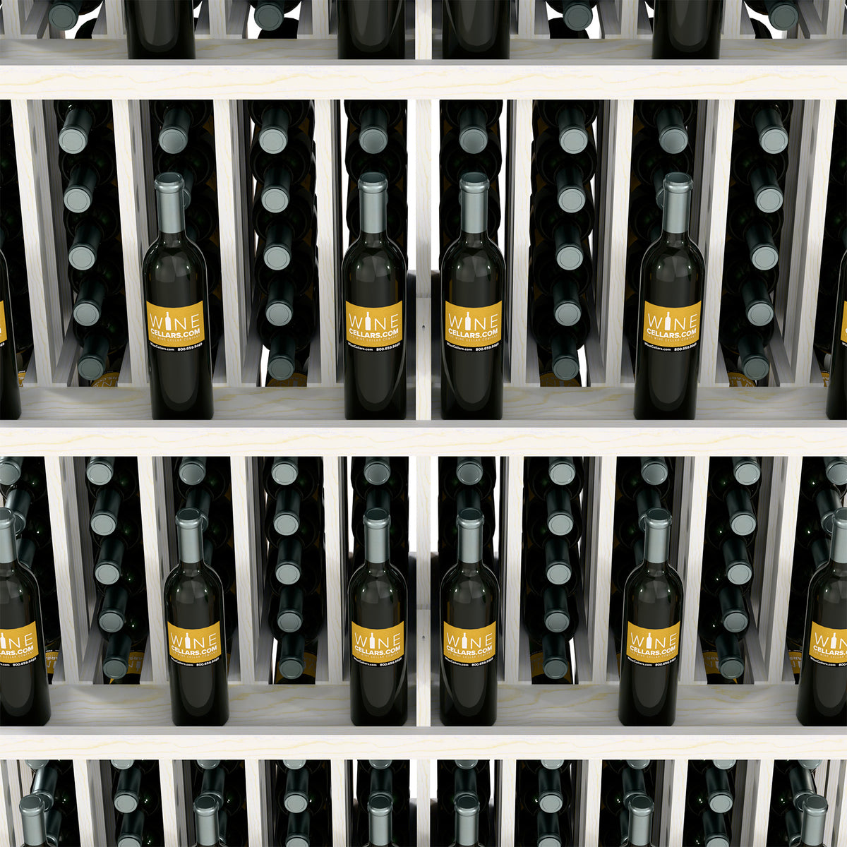White wine bottle wall display with five shelves and bottle storage slots