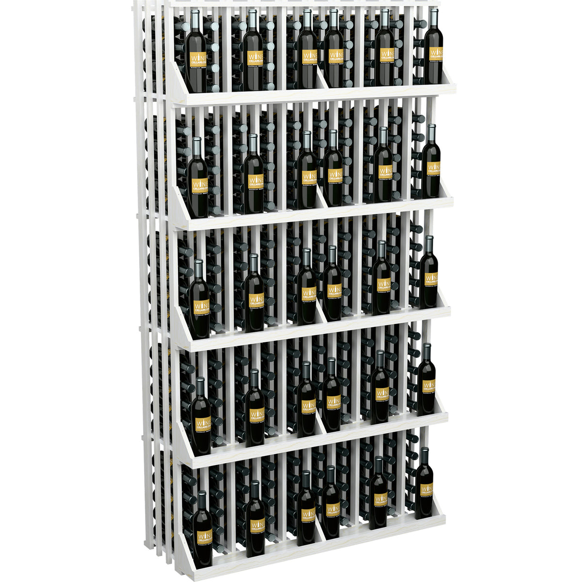 White wine bottle wall display with five shelves, holding rows of bottles