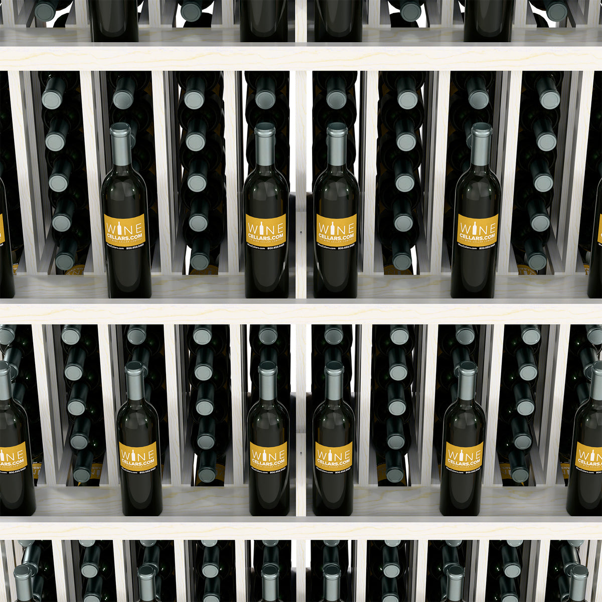 Wood wine bottle wall display with five shelves, showing rows of bottle spaces