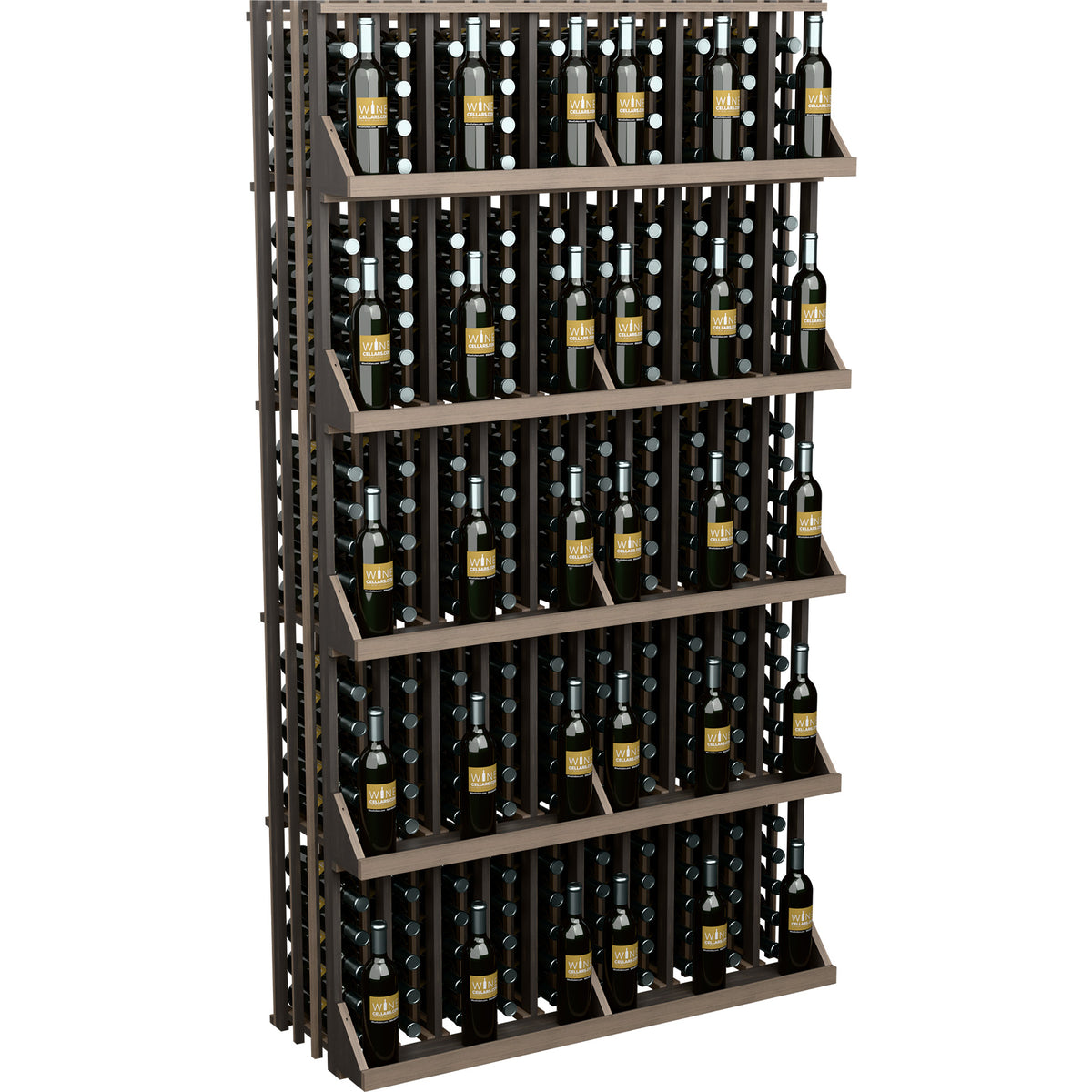 Dark wood 5-shelf wine bottle display with stacked bottles and slats