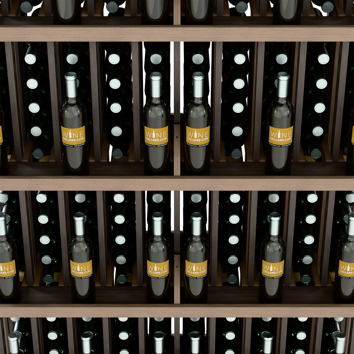 Close-up of wine bottle storage rows in dark rack with white bottle caps