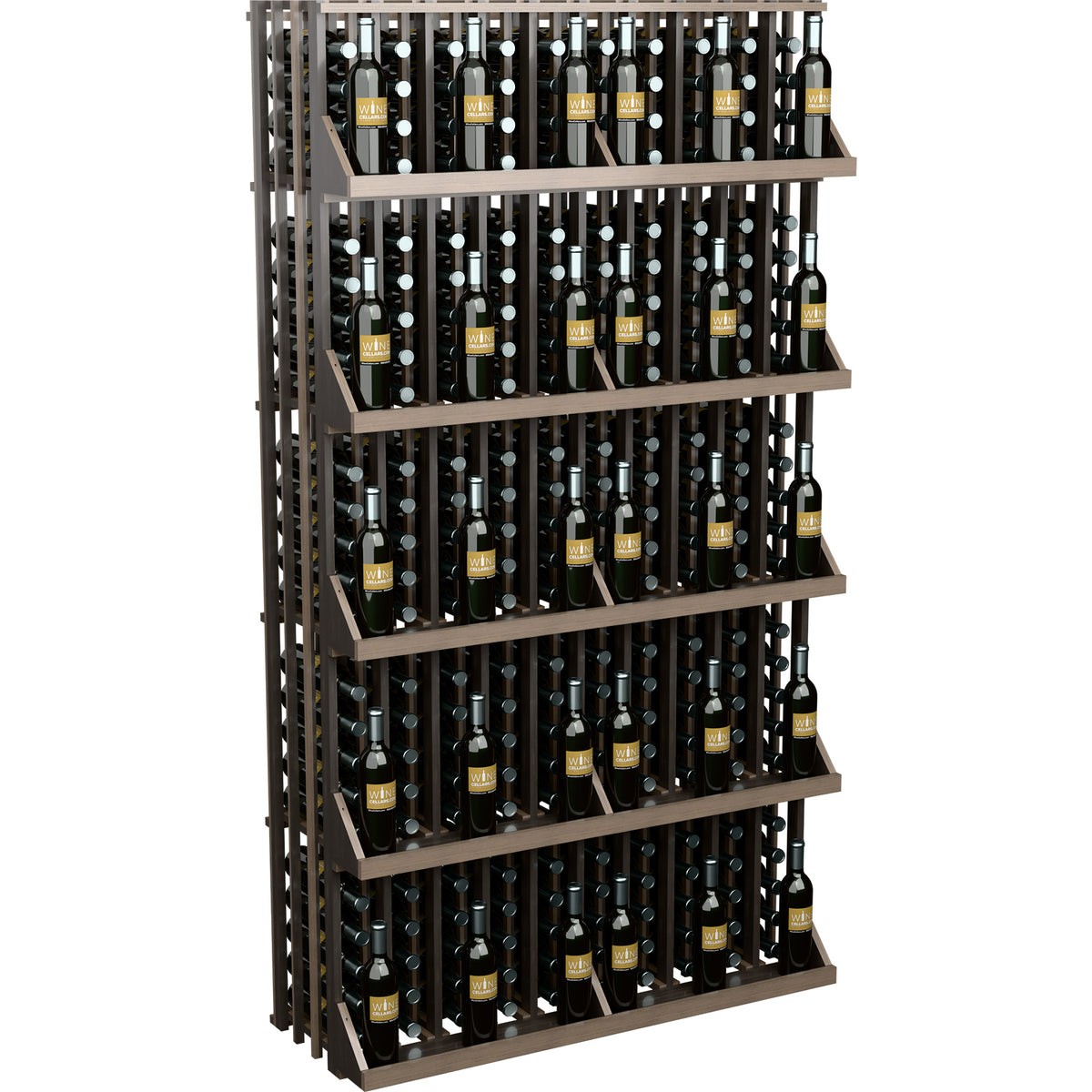 Wine bottle wall display rack with 5 shelves, holding rows of dark wine bottles