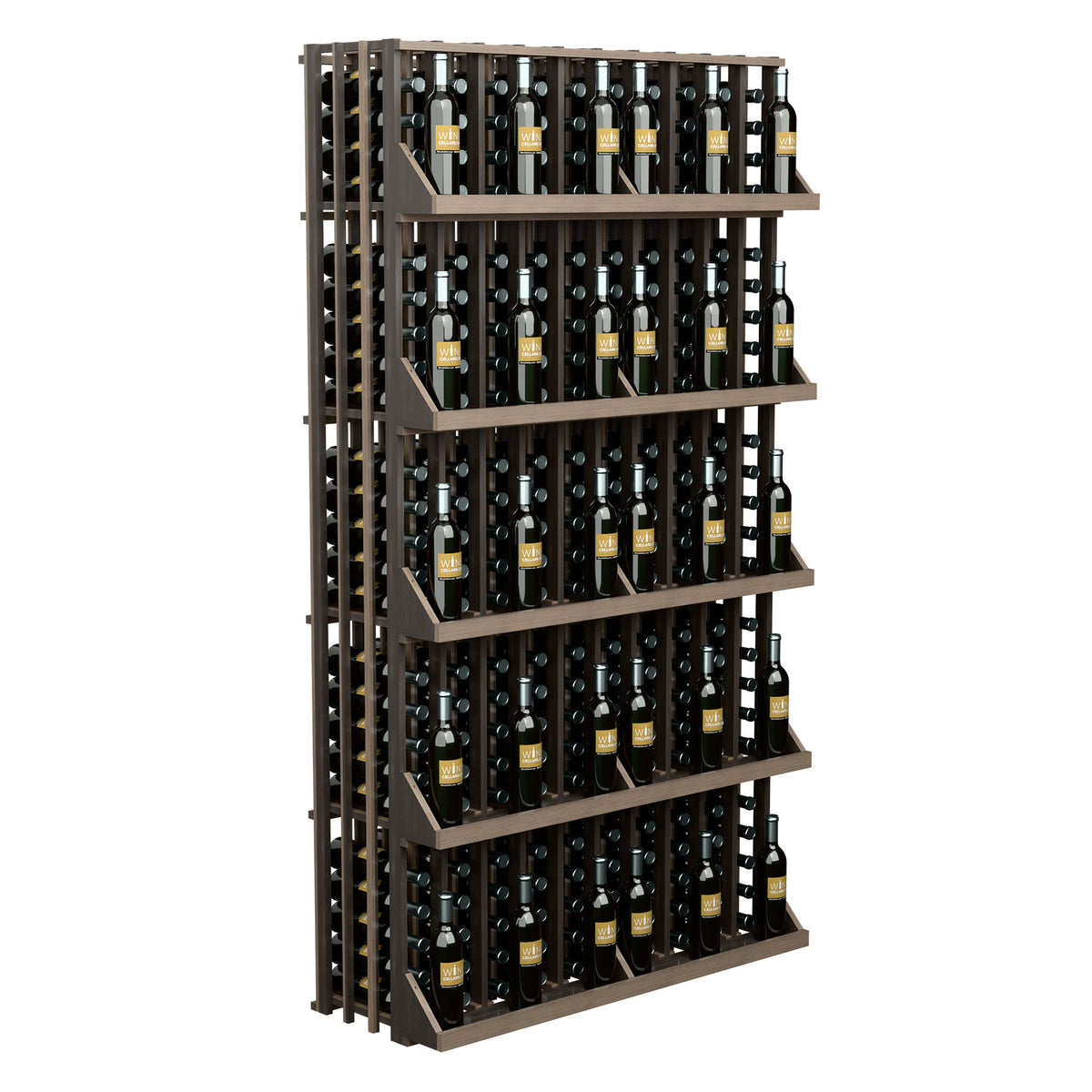 Wine bottle wall display rack with 5 shelves in dark gray, filled with wine bottles