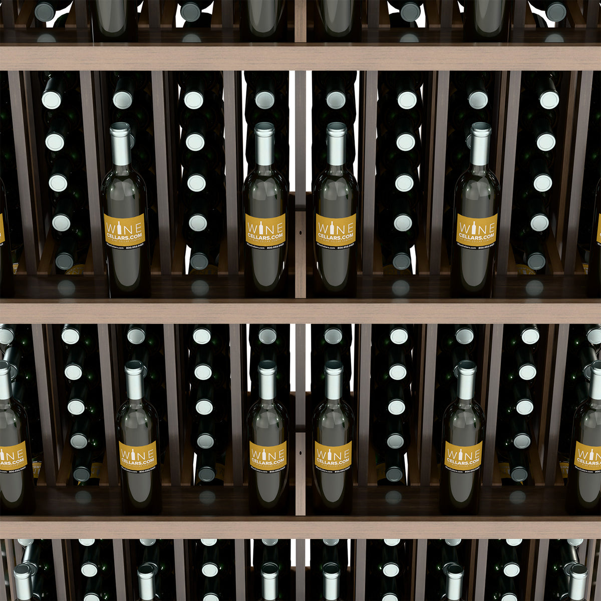 Close-up of wine bottles stored in a 5-shelf wall display rack with wooden dividers