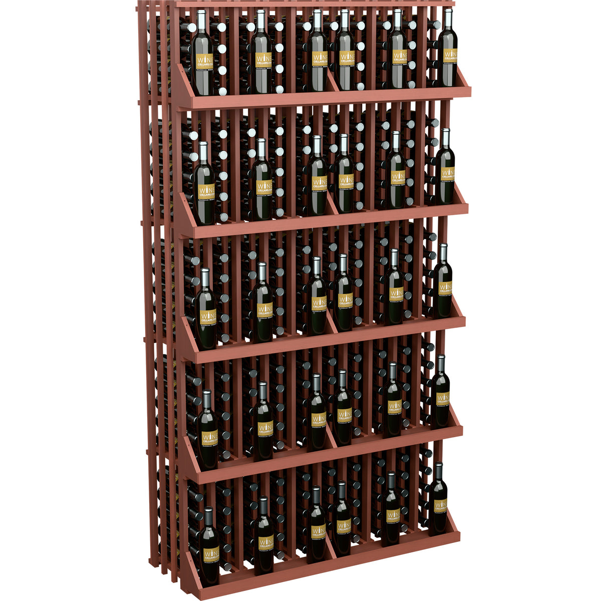 240-bottle commercial wall wine display with 5 shelves, red-brown wood slat design