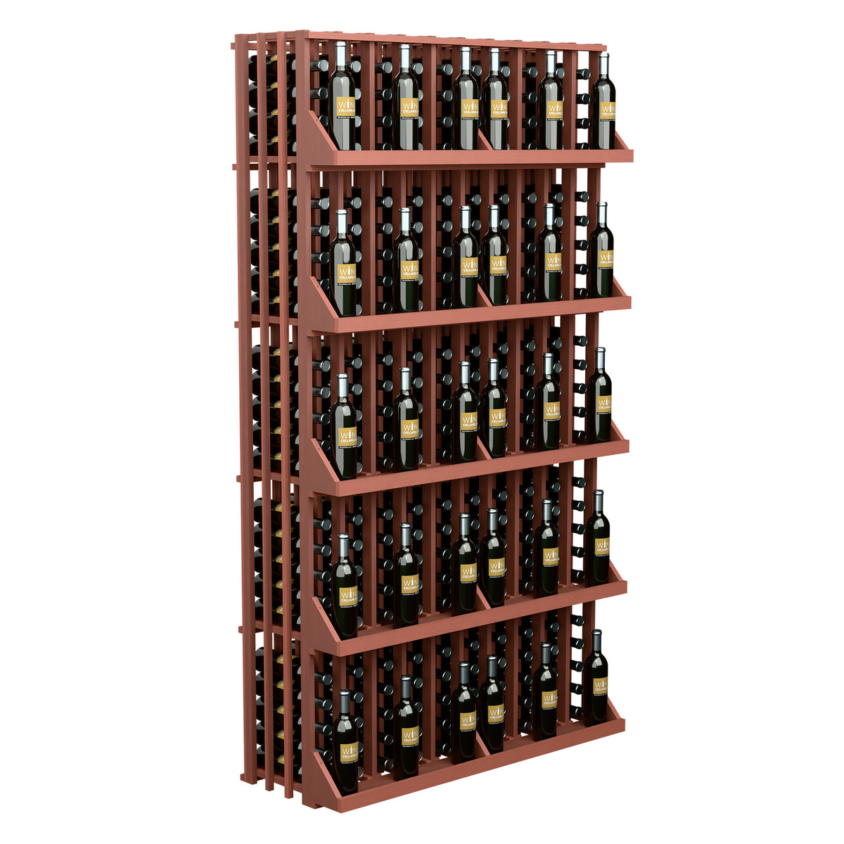 Wall-mounted wine bottle display with five shelves in warm brown, front view with bottles.