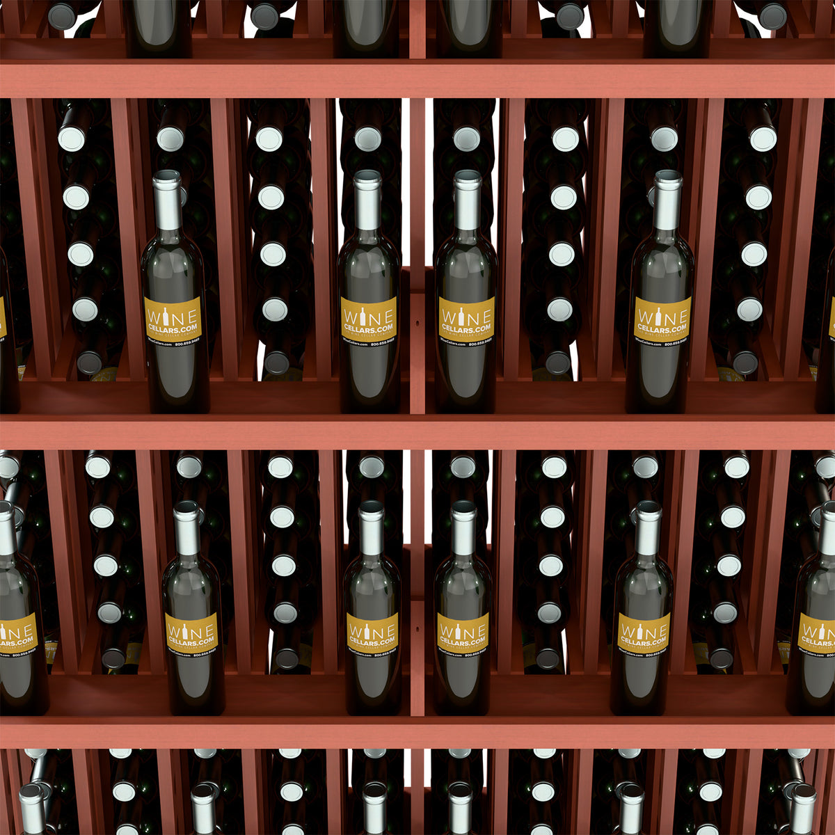 Close-up of wine bottle storage rows in red-brown rack with white bottle caps