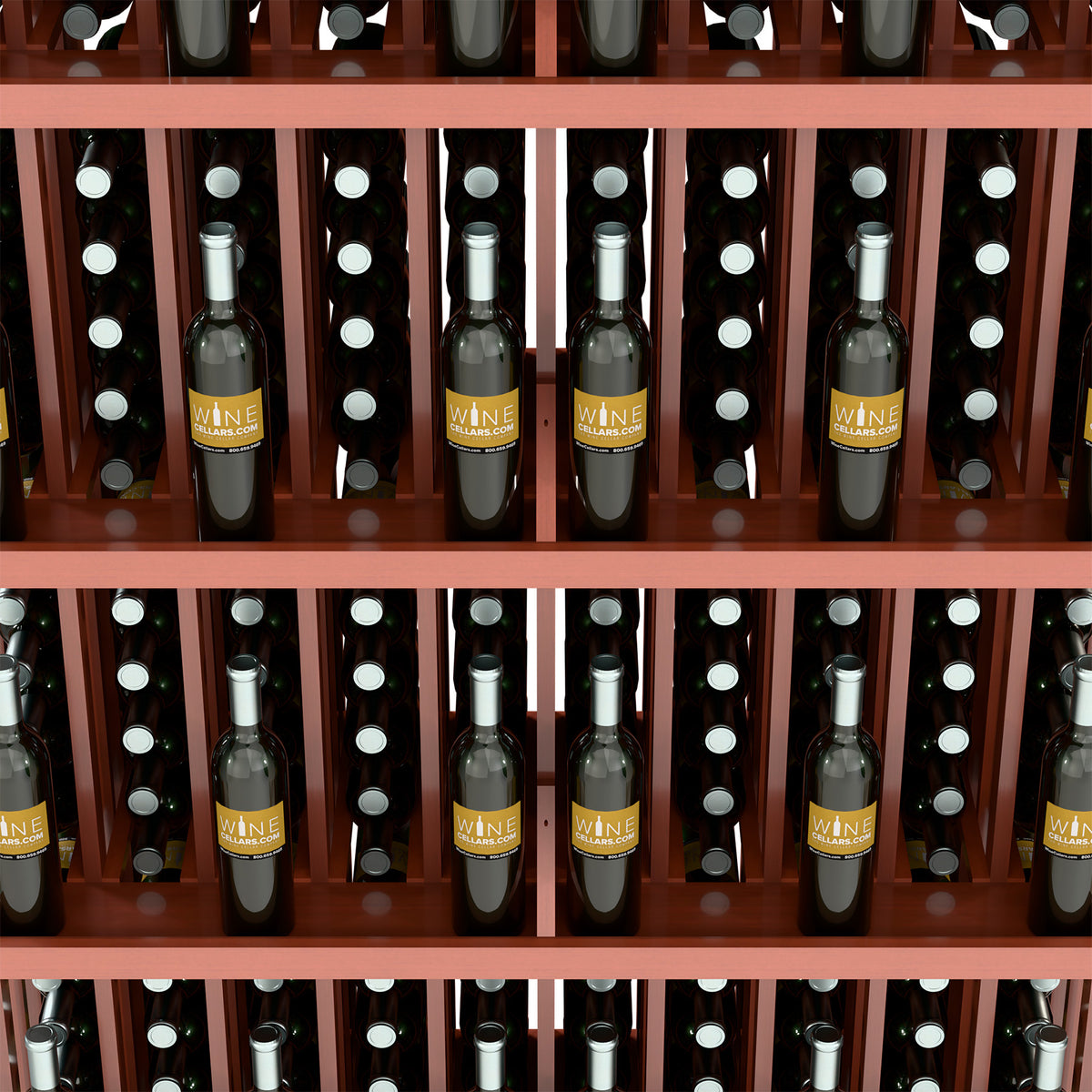 Close-up of wine bottle rows in a 5-shelf rack with red wood shelves