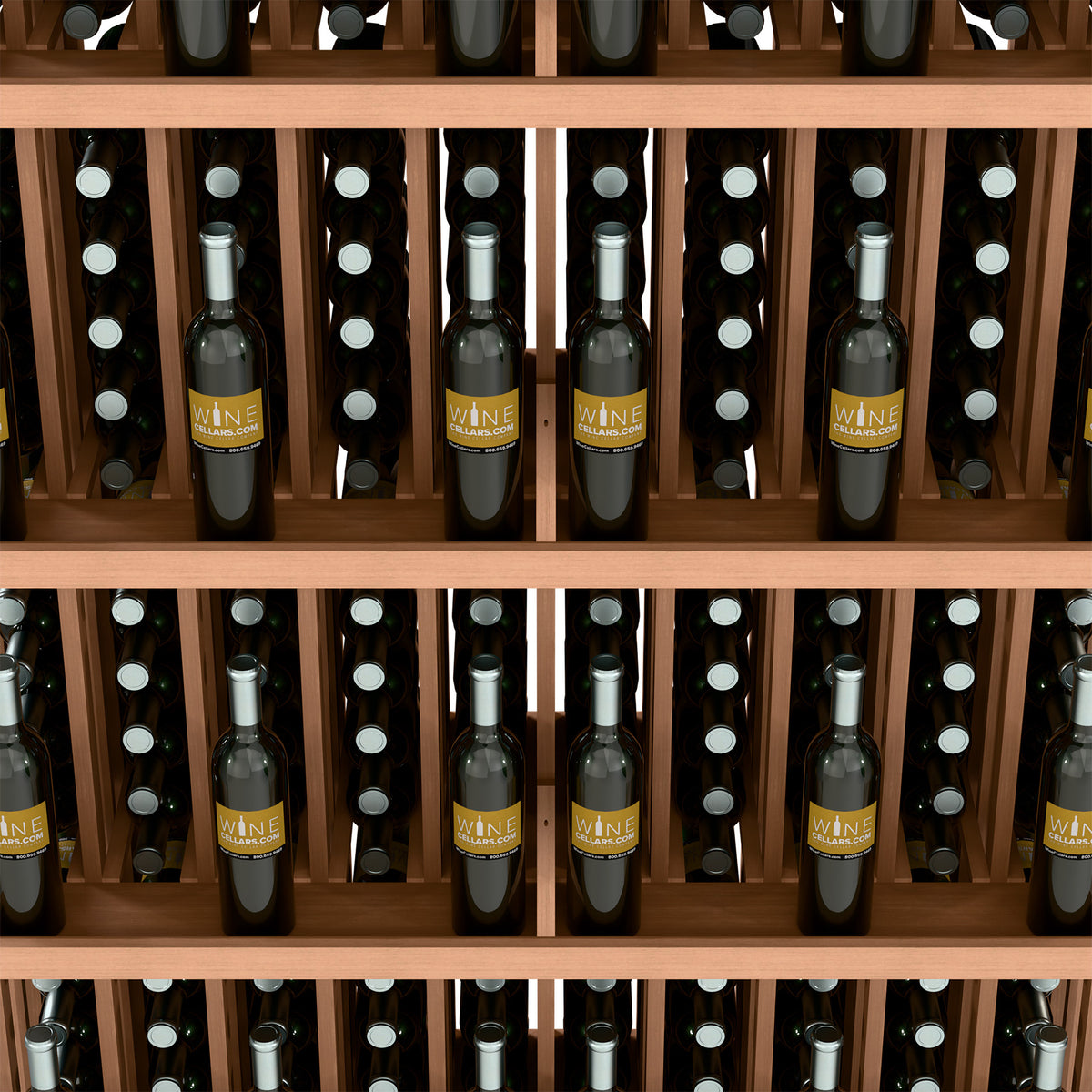 Natural wood wine bottle wall display with five shelves and rows of bottle slots