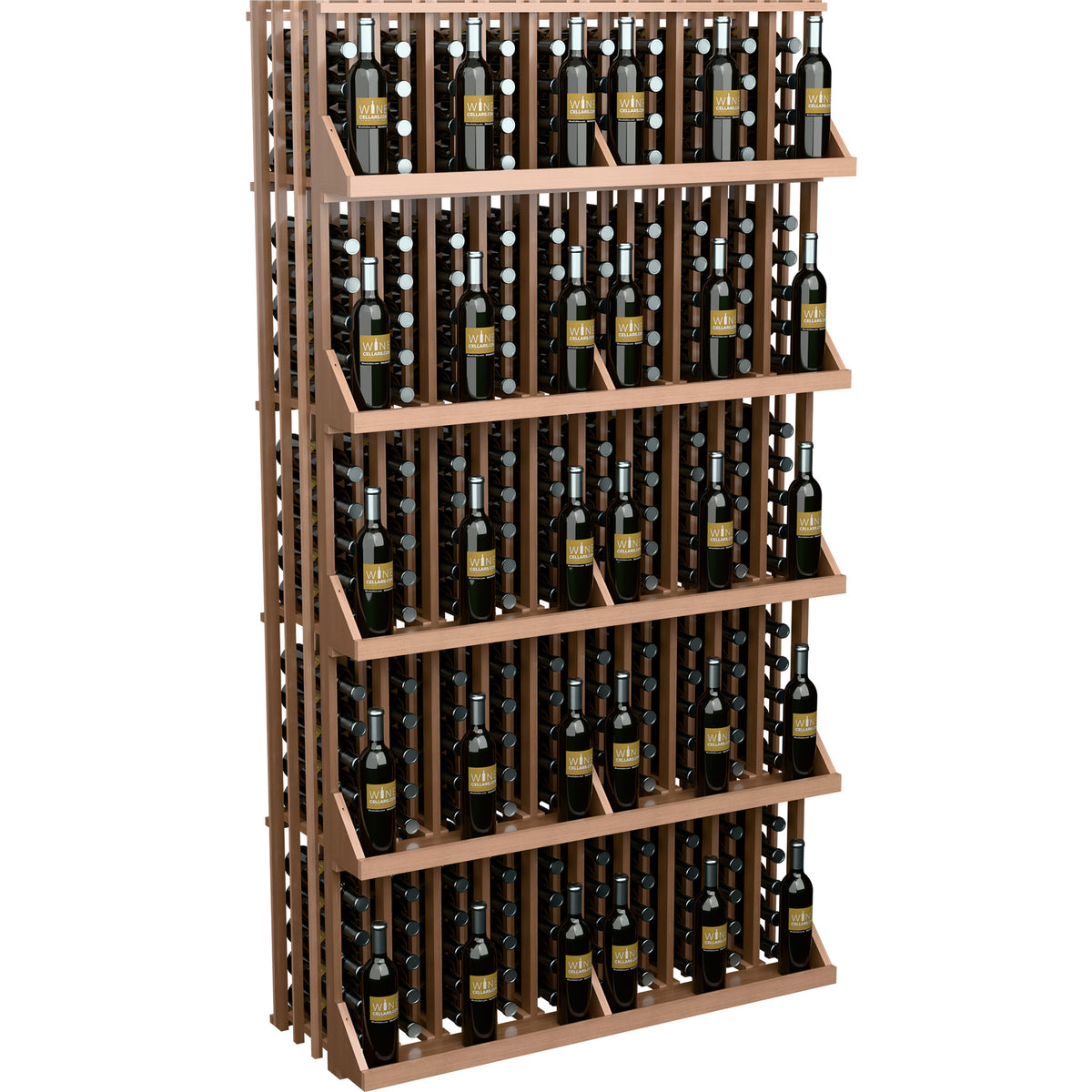 Wine bottle wall display rack with 5 shelves, arranged with many wine bottles