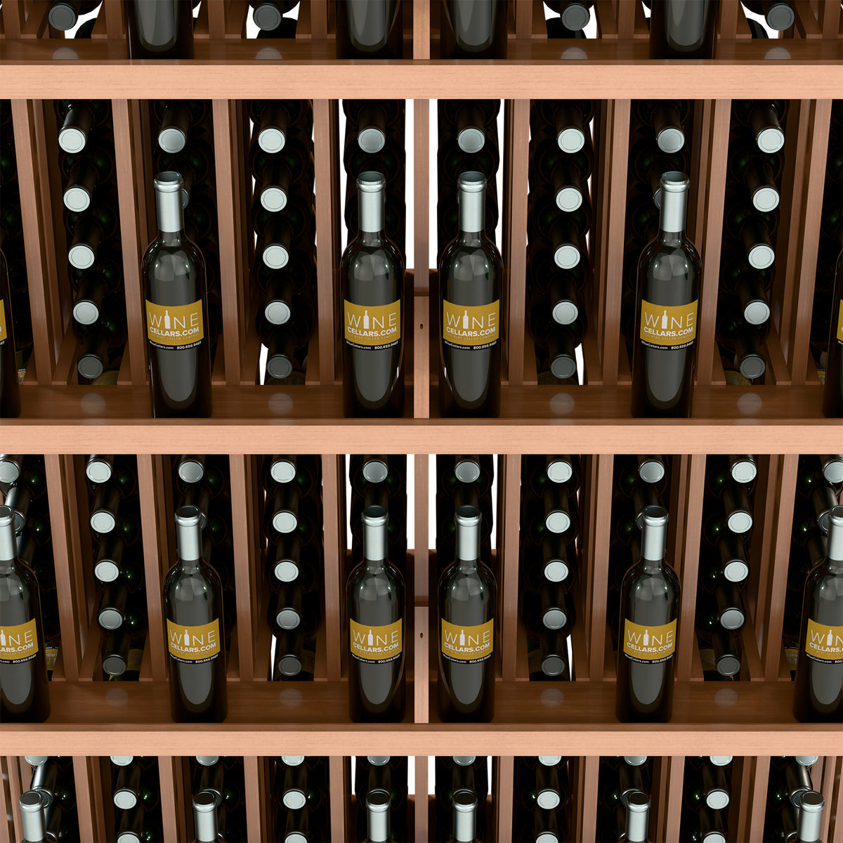 Close-up view of wine bottles in a 5-shelf wall display rack with light wood shelves