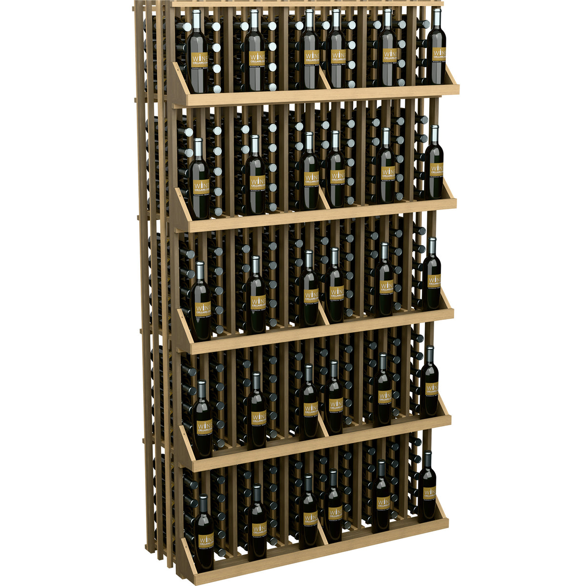 Light wood wine bottle wall display with 5 shelves, bottles in vertical rows