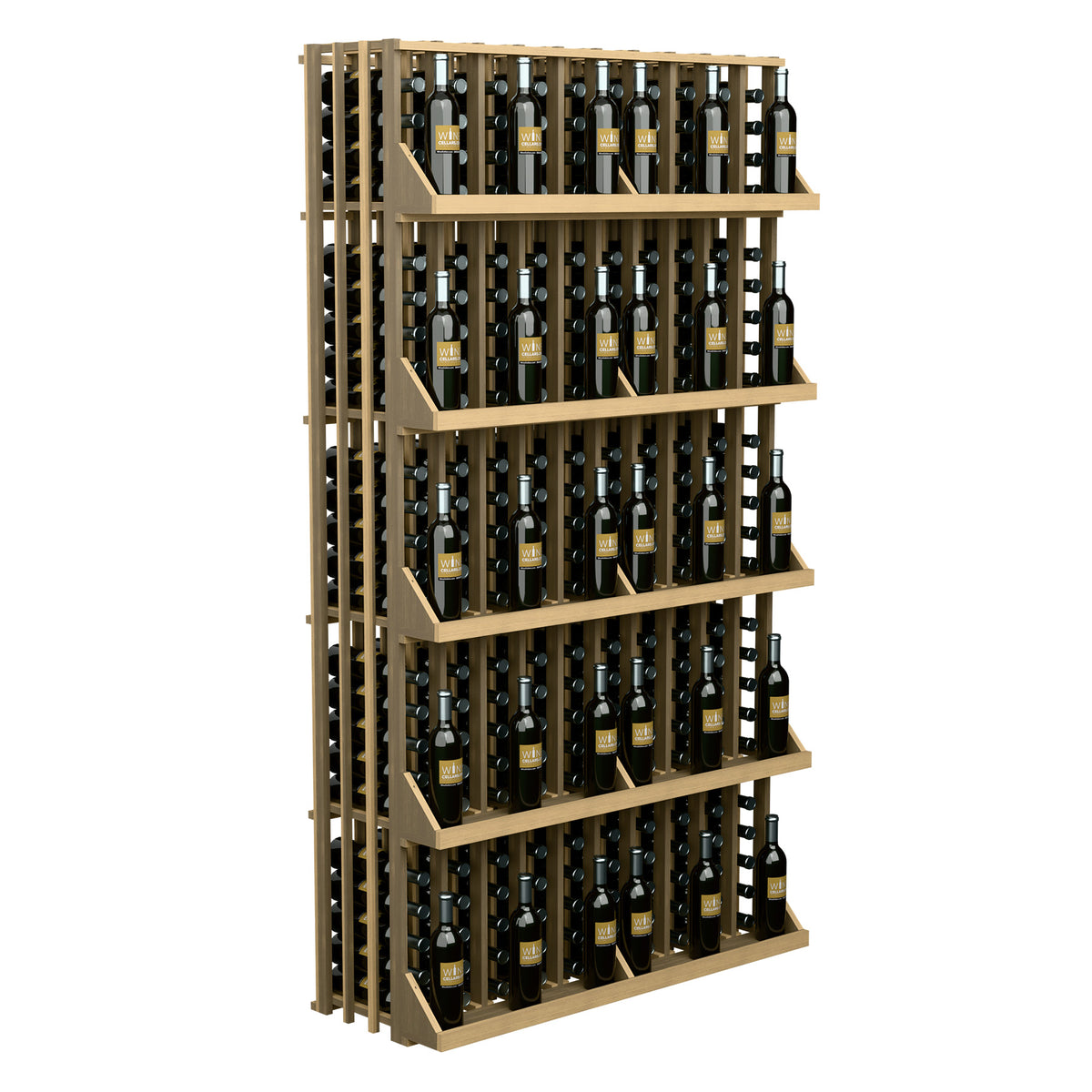 Light wood wine bottle wall display rack with open slat sides and 5 shelf levels