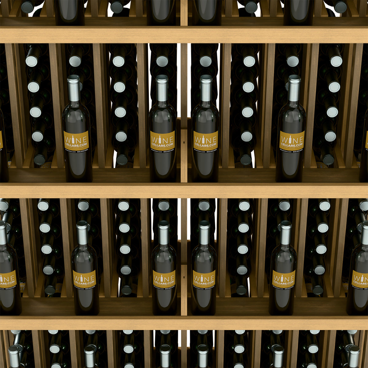Wine bottle display shelf close-up with light wood slats and filled bottle openings