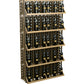 Wine bottle wall display rack with 5 shelves, filled with wine bottles in pale wood frame