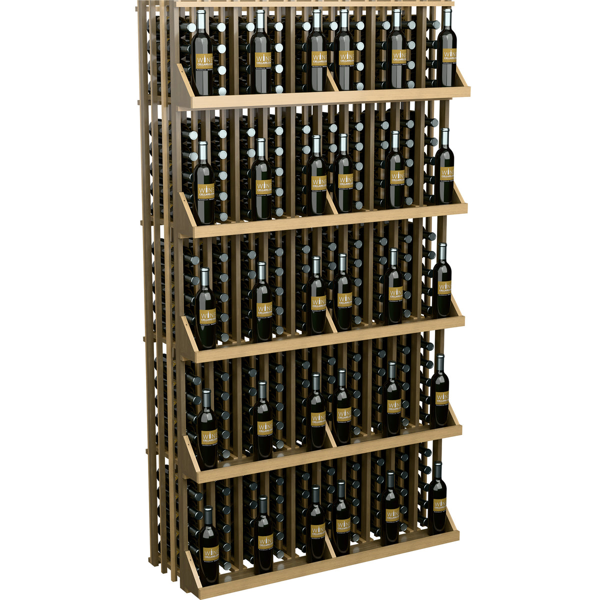 Wine bottle wall display rack with 5 shelves, filled with wine bottles in pale wood frame