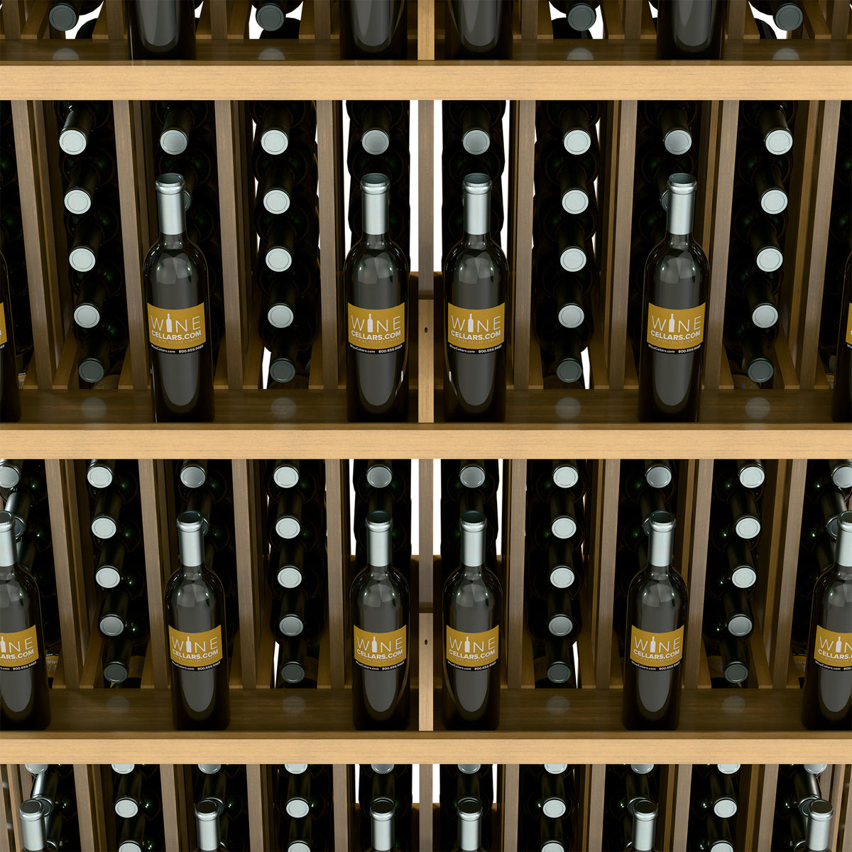 Close-up of wine bottle wall display shelves with rows of bottles and dividers