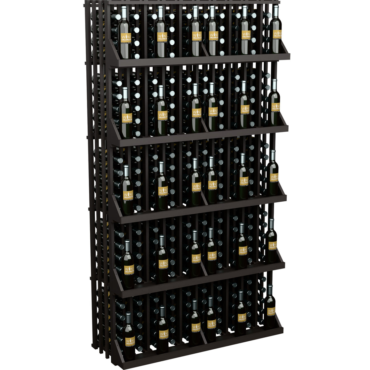 Black wall wine bottle display rack with slatted sides and 5 open shelves