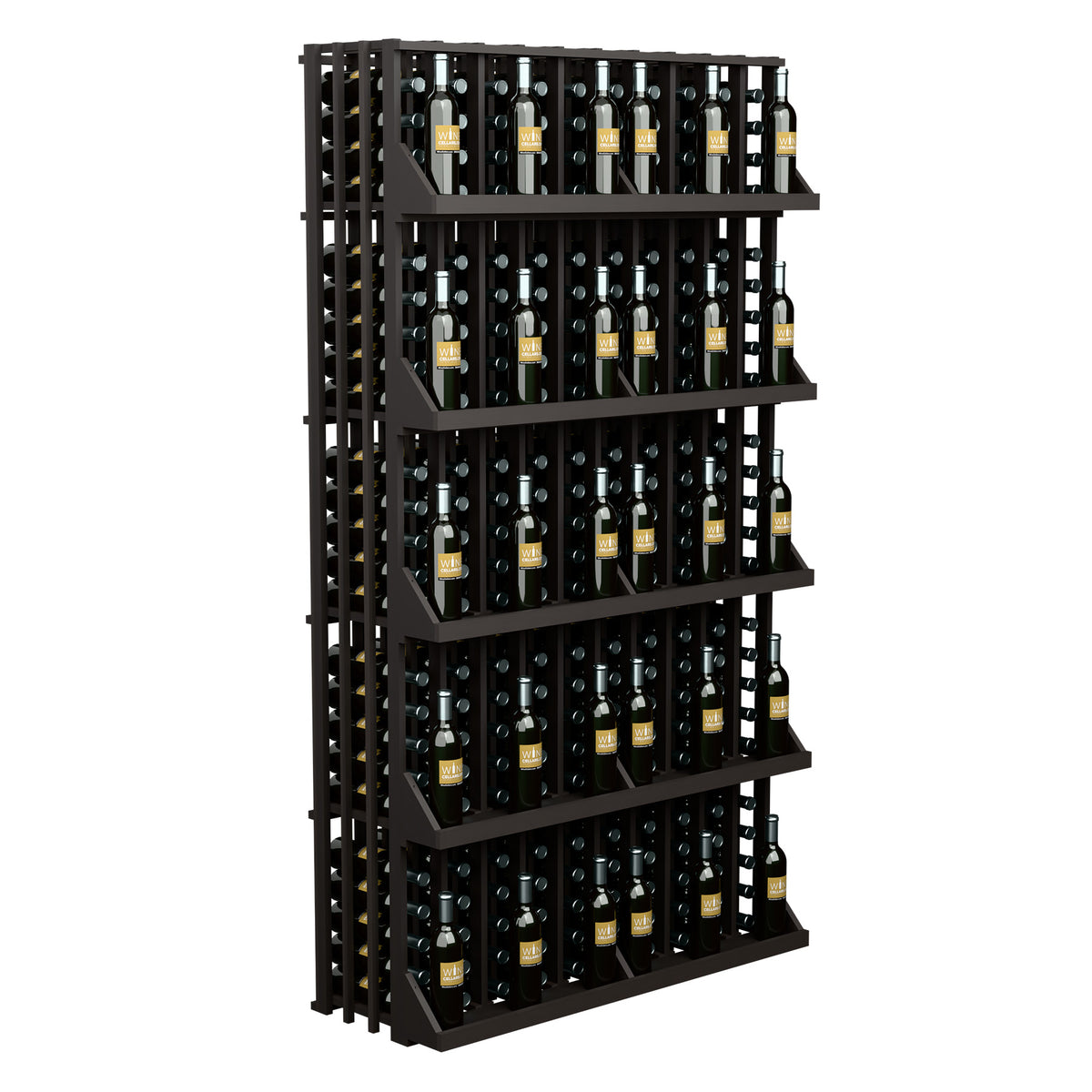 Black wine bottle wall display with five shelves and bottle storage slots