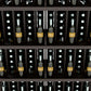 Dark wine bottle display with five shelves and bottle rows in slotted holders