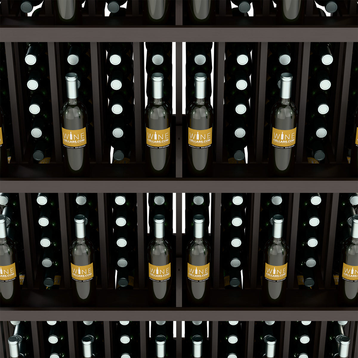 Dark wine bottle display with five shelves and bottle rows in slotted holders