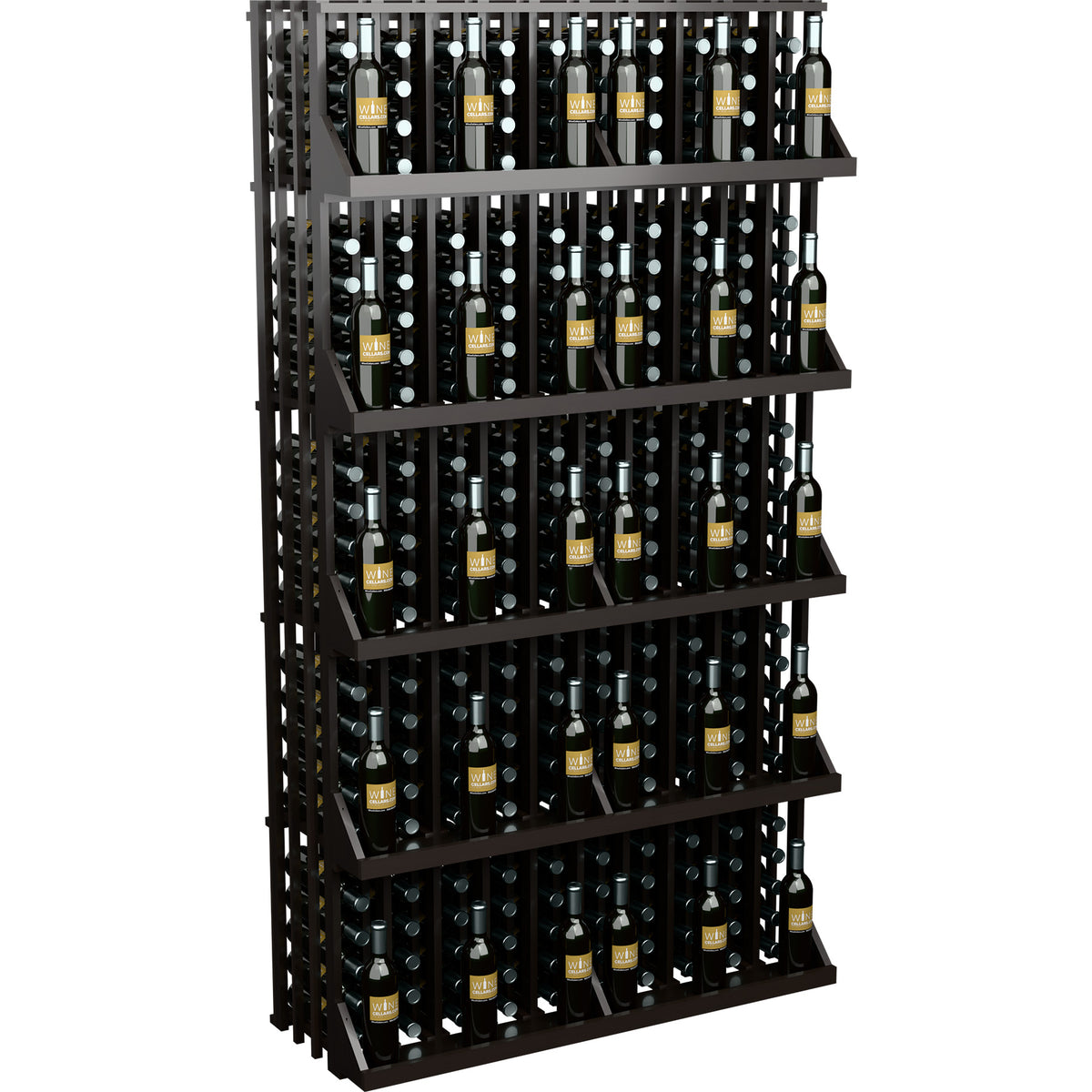 Dark wine bottle wall display with 5 wooden shelves and bottle slots
