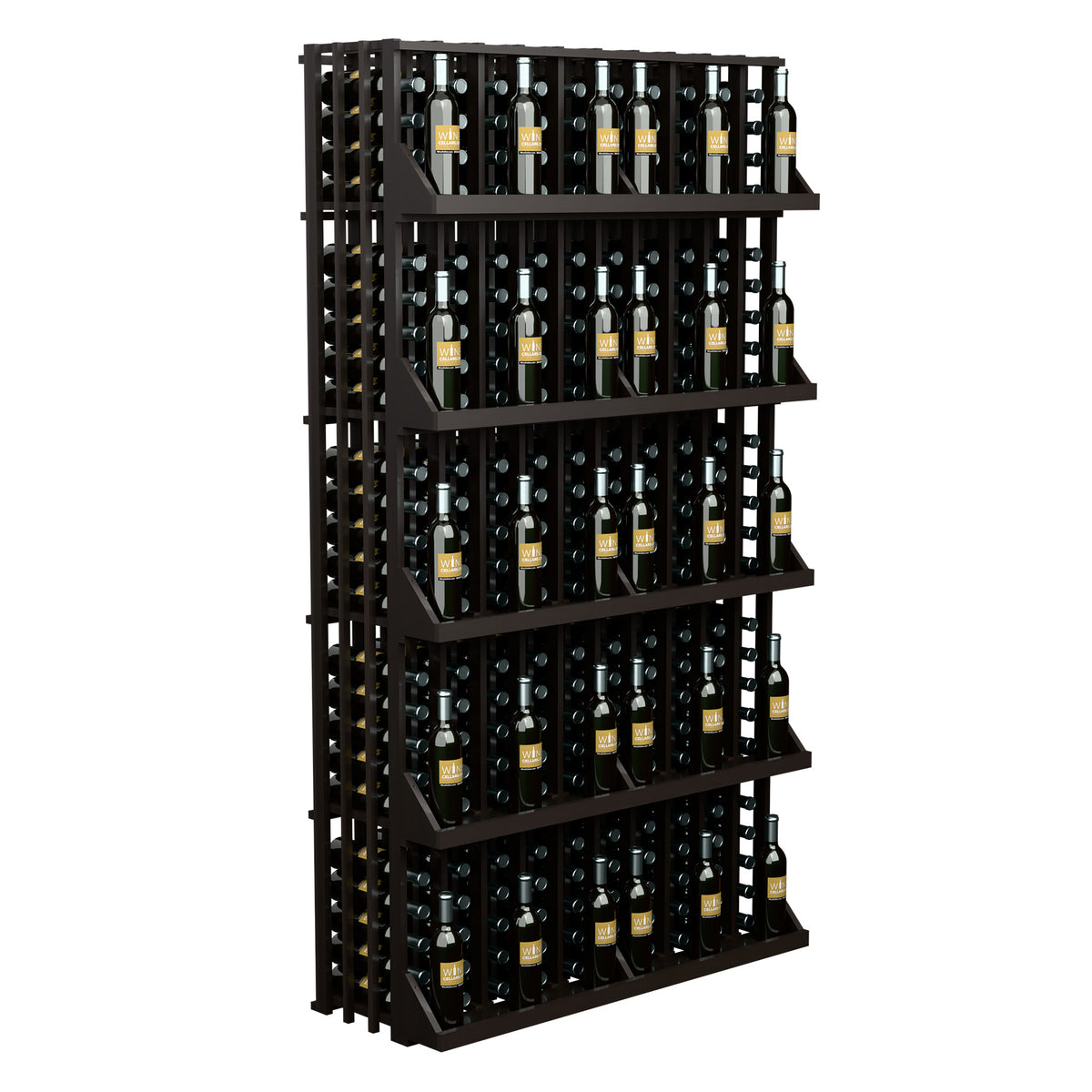 Wine bottle wall display unit with 5 shelves, dark frame and front bottle rows